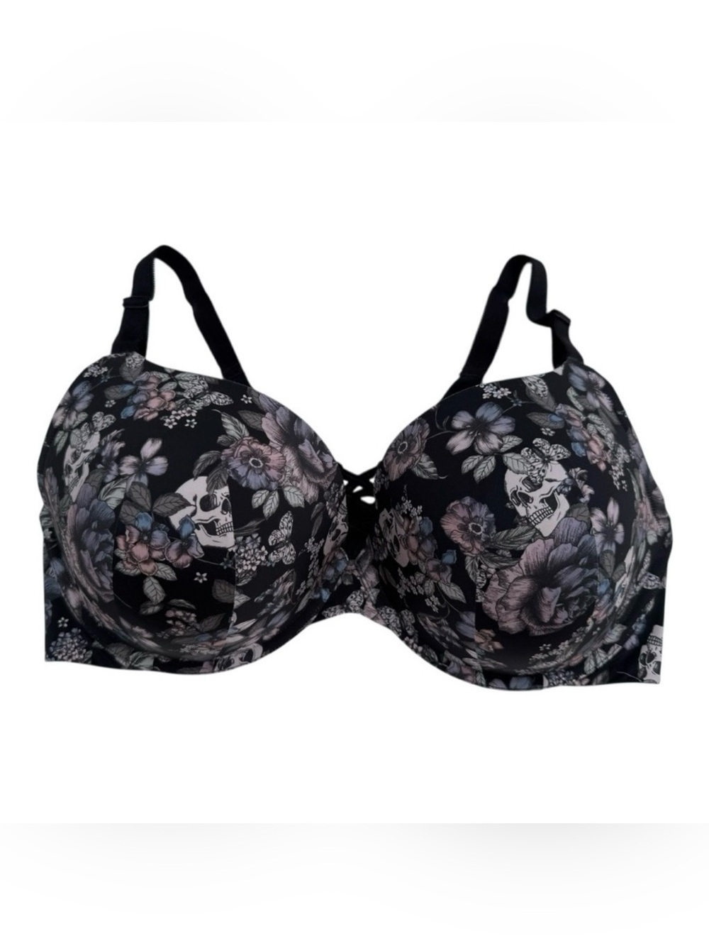 Torrid XO Plunge Push-Up 360° Back Smoothing Bra Black Vintage Skull Size 42DDD